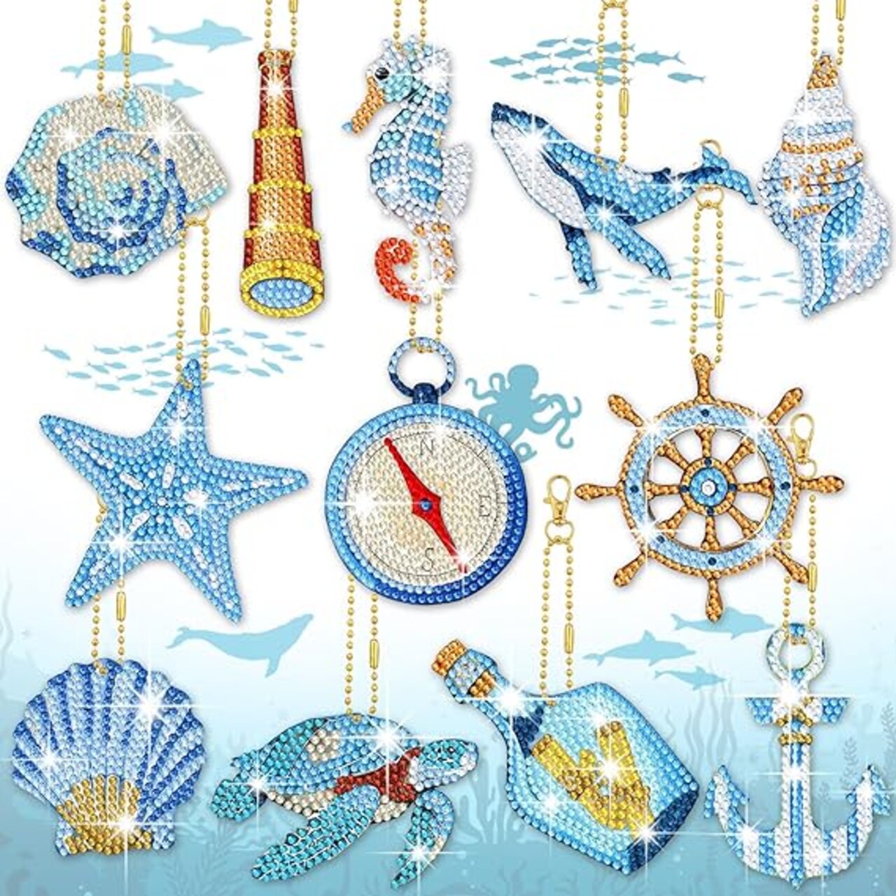 15PCS Summer Ocean Diamond Painting Keychains – 5D DIY Sea Animal Diamond Art Keyrings for Beach Party Crafts, Gifts, and Home Décor